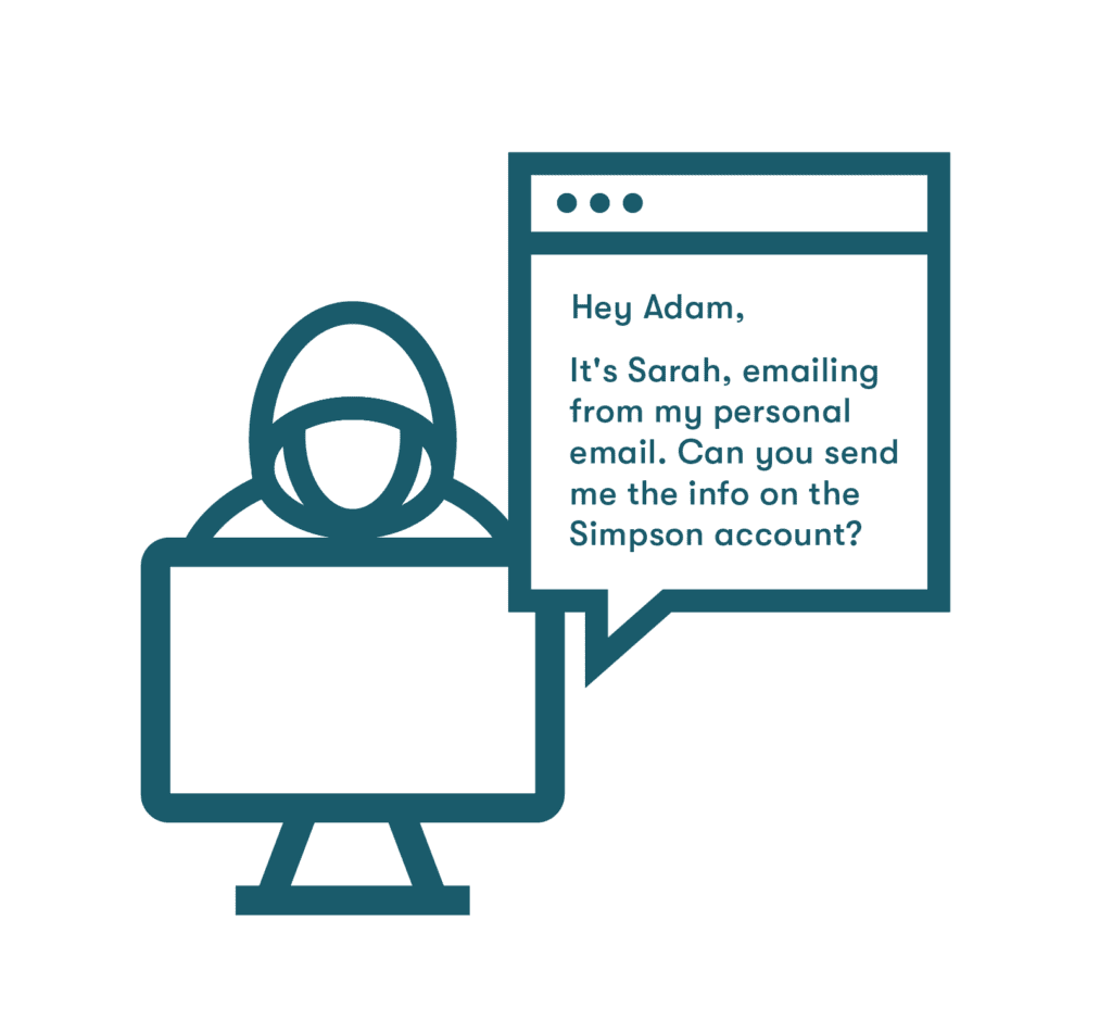 Graphic with an icon representing a computer hacker sending a phishing email to an unsuspecting person.