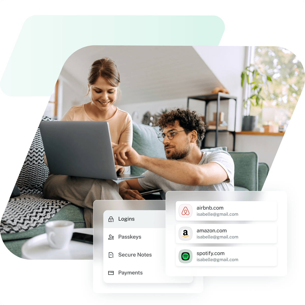 This image shows a man and a woman on their computer at home, overlaid with a screenshot of passwords stored in their Dashlane vault.