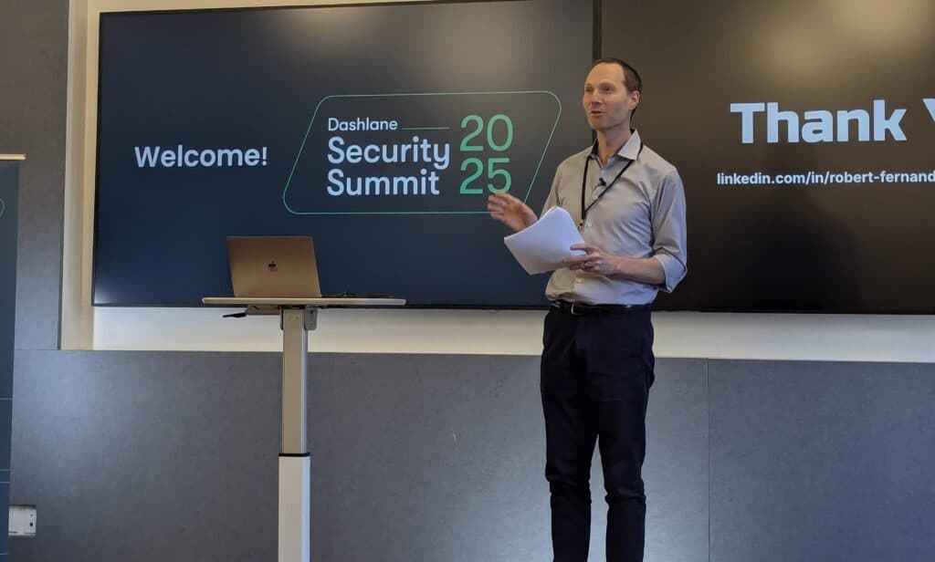 Dashlane Chief Technology Officer Frederic Rivain speaks at the 2025 Dashlane Security Summit, introducing the event and the 4 expert speakers.